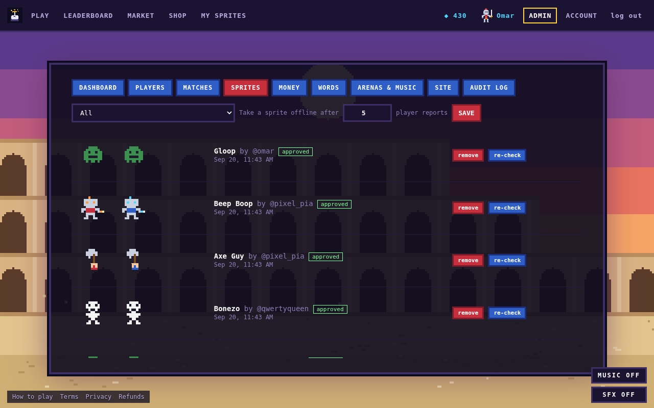 The admin panel&rsquo;s Sprites tab: a moderation queue listing player-made sprites in both team colours, with their creators, status, and remove and re-check buttons