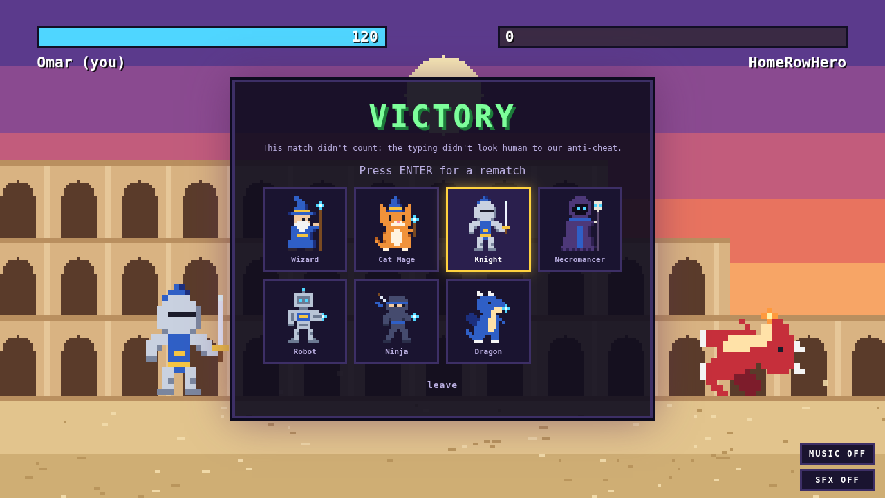 A victory screen with the message: This match didn’t count: the typing didn’t look human to our anti-cheat