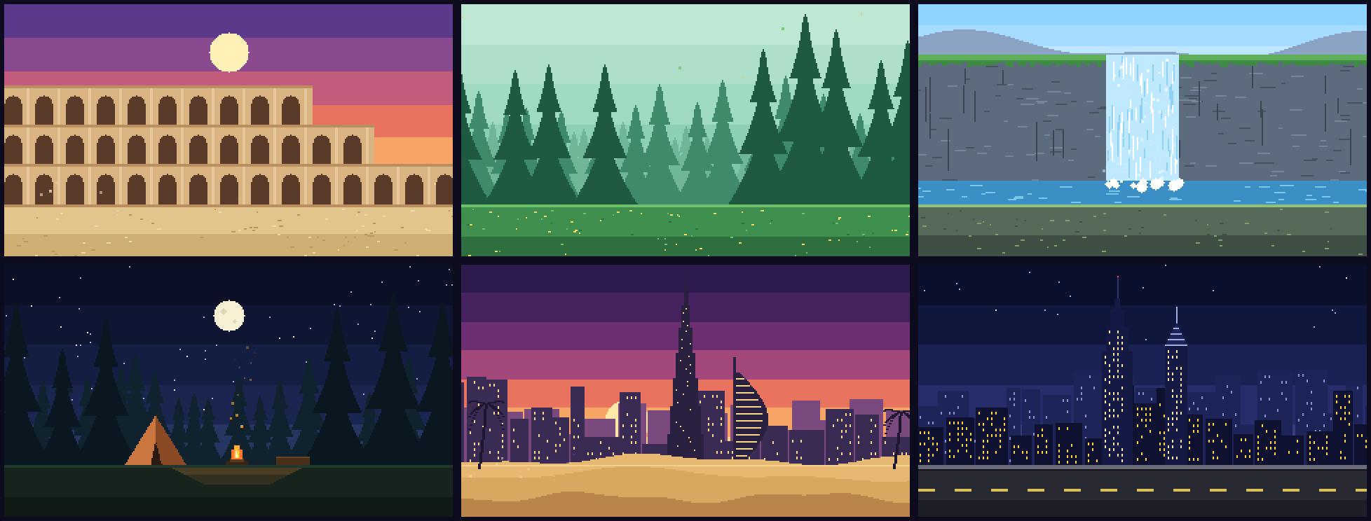Six pixel-art arenas in a grid: a colosseum at sunset, a pine forest, a waterfall over a cliff, a campsite at night, the Dubai skyline with the Burj Khalifa, and New York at night