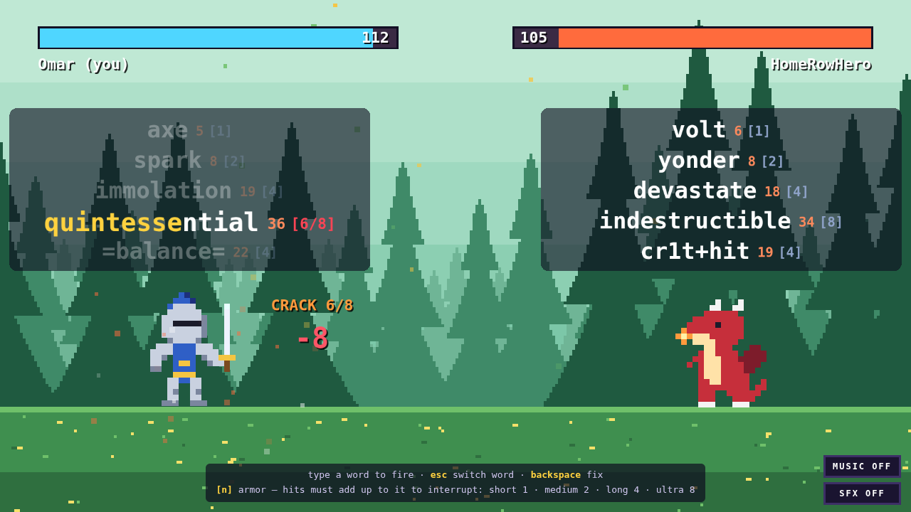 The same duel a moment later: the fireball has landed, the knight has lost 8 HP, and orange text reads CRACK 6/8 while his half-typed word survives with its armour now showing 6 of 8 in red