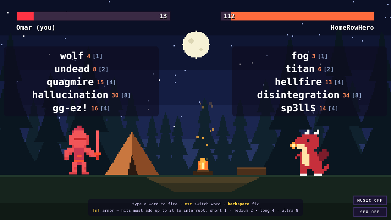 A night-time campsite arena: the knight is flashing solid red with 13 HP left and a red health bar, facing a dragon with 112 HP
