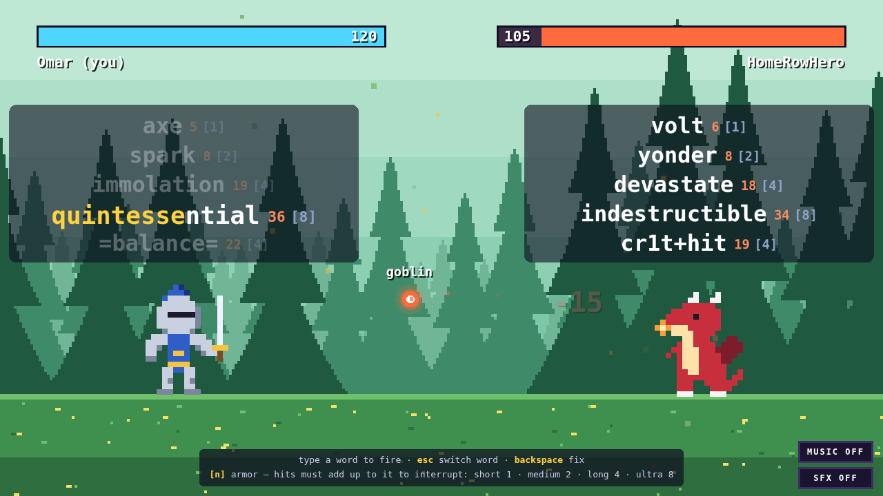 Mid-duel in a forest arena: a blue knight has typed most of the word quintessential, shown in gold, while a fireball labelled goblin flies toward him from a red dragon