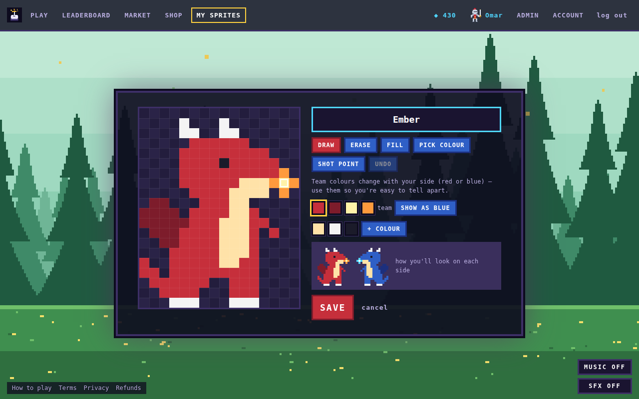 The sprite editor: a 16 by 20 pixel canvas showing a red dragon, drawing tools, team colour and custom colour swatches, and a preview of the sprite in red and in blue