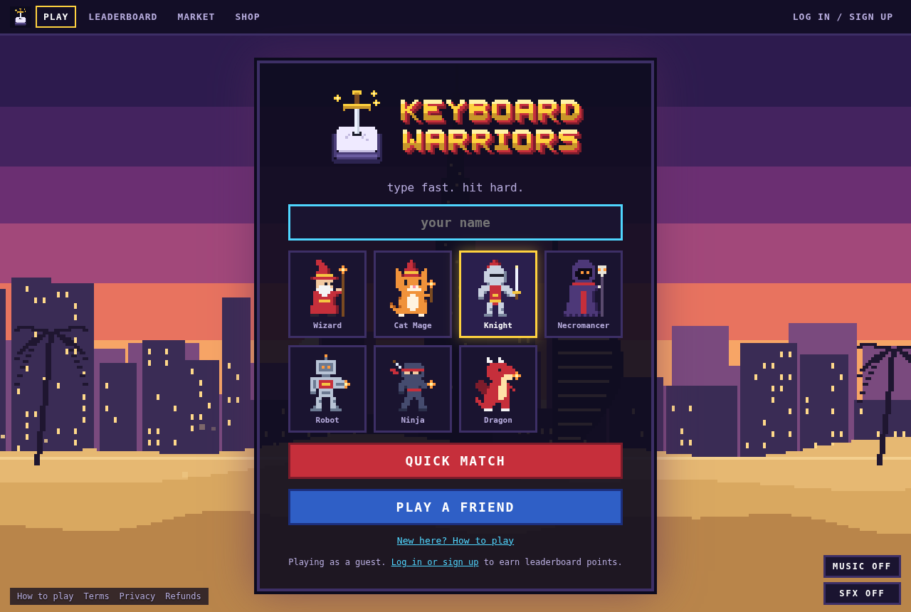 The lobby: the logo, a name field, seven pixel-art fighters to choose from, and Quick Match and Play a Friend buttons over a Dubai skyline at dusk