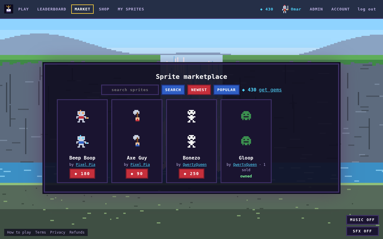 The sprite marketplace: four player-made sprites for sale, each shown in red and blue with its creator and a price in gems, one marked owned
