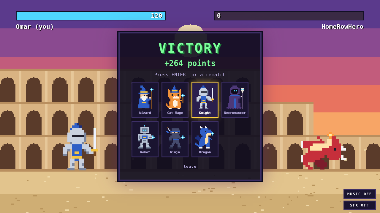 The same victory screen after typing with human-like timing: Victory, plus 264 points