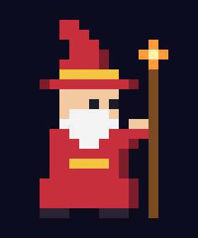 The same wizard rendered: red robe and hat, white beard, wooden staff with a glowing orange gem